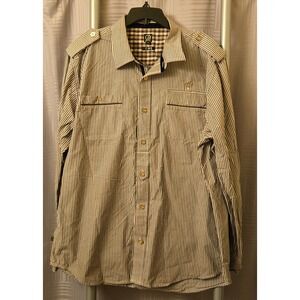 Cavi Mens 2XL Brown White Striped Military Button Down Shirt Epaulettes Cotton